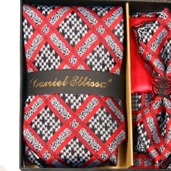 6 Piece Black Silver Red Necktie & Bow Tie Set